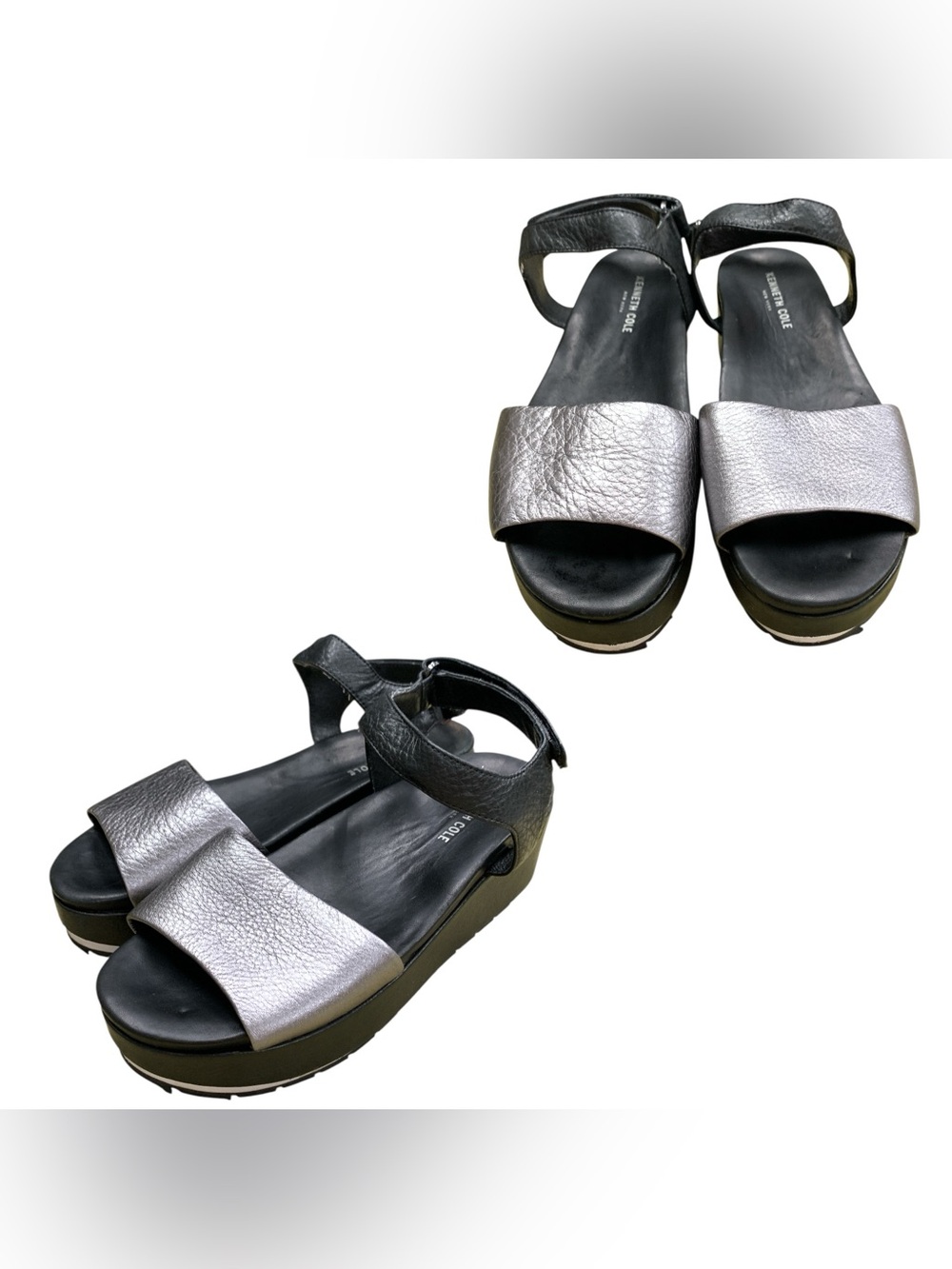 Kenneth Cole New York Metallic Silver Platform Sandals - Open-Toe Comfort S9